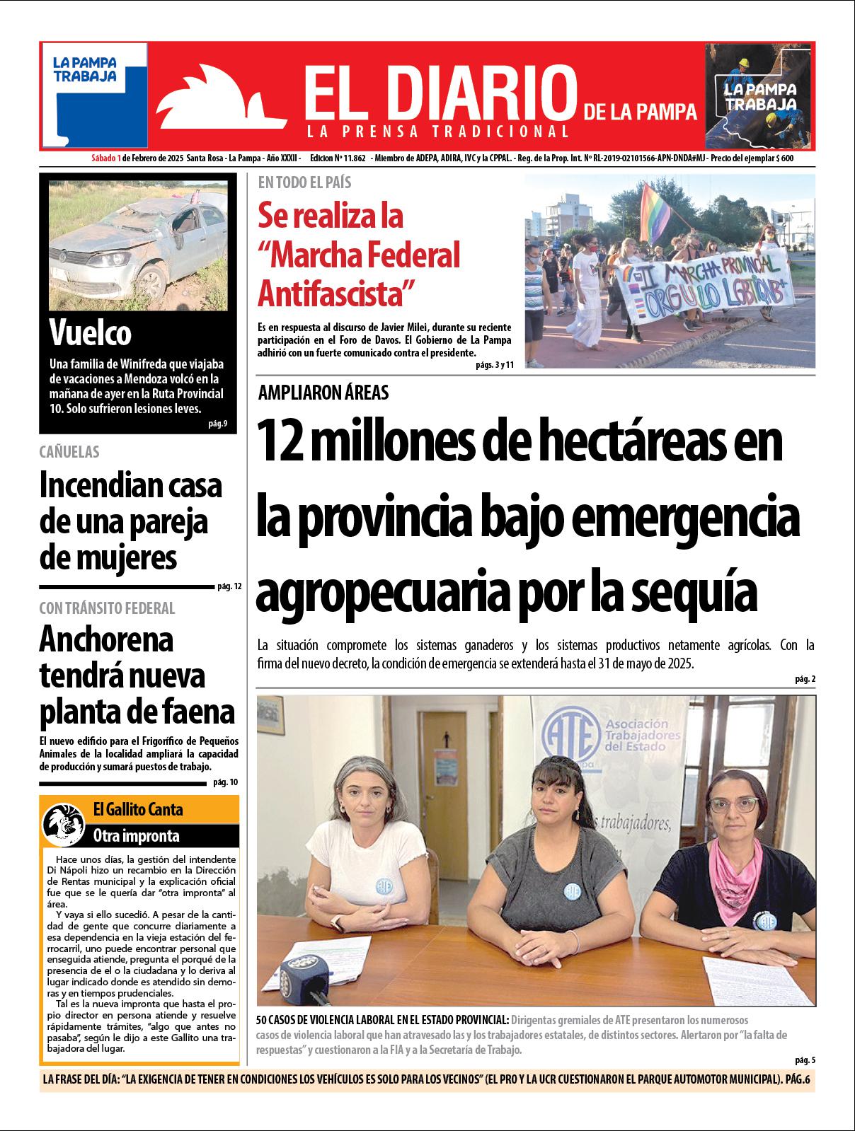 Tapa de El Diario en papel  saacutebado 01 de febrero de 2025